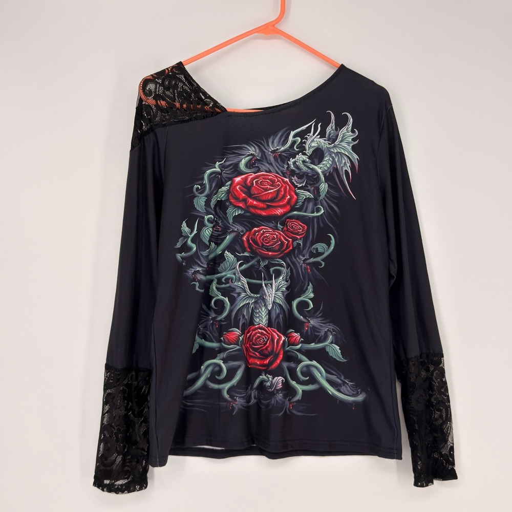 Graphic Top Women Medium Black Lace Dragon Rose Gothic Grunge Emo Whimsigoth Y2K - Picture 1 of 6